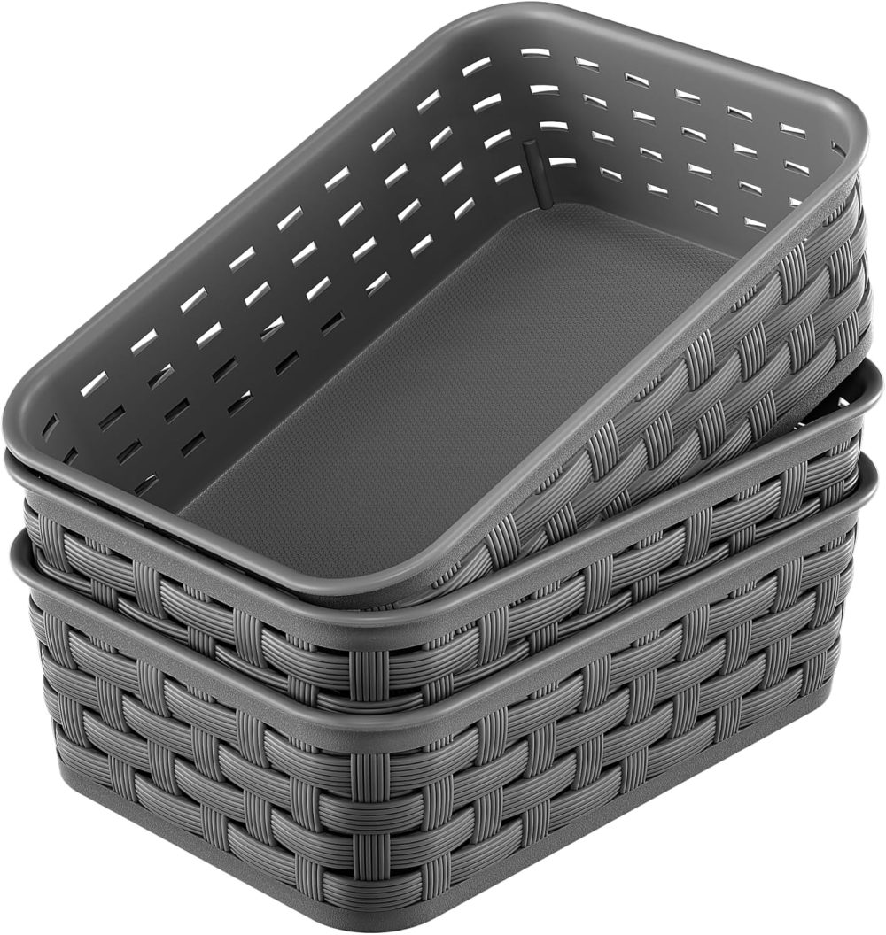 3 Pack Small Plastic Basket, Storage Bin Baskets for Organizing, Pantry Organizer Household Wicker Storage for Laundry Room, Bedrooms, Kitchens, Cabinets, Countertops, Dark Gray