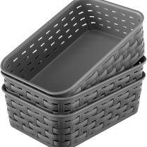 3 Pack Small Plastic Basket, Storage Bin Baskets for Organizing, Pantry Organizer Household Wicker Storage for Laundry Room, Bedrooms, Kitchens, Cabinets, Countertops, Dark Gray