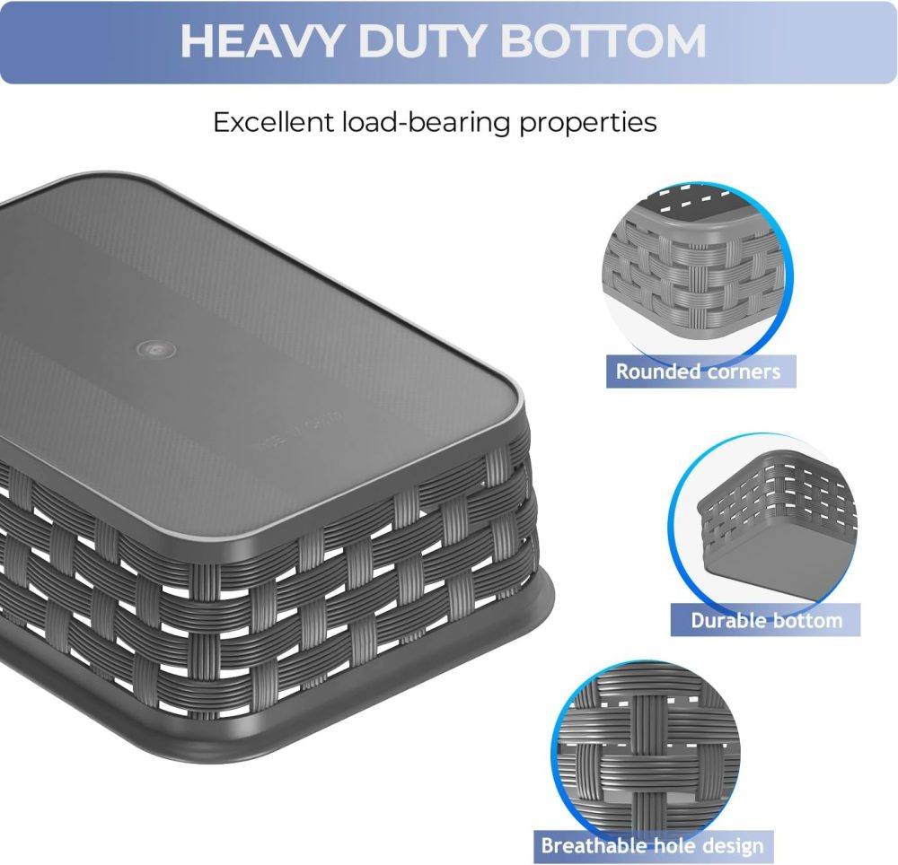 3 Pack Small Plastic Basket, Storage Bin Baskets for Organizing, Pantry Organizer Household Wicker Storage for Laundry Room, Bedrooms, Kitchens, Cabinets, Countertops, Dark Gray - Image 2