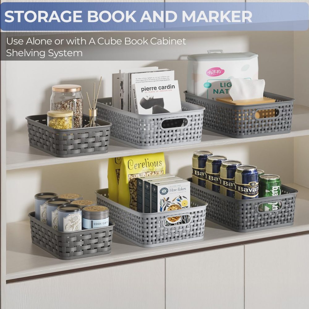 3 Pack Small Plastic Basket, Storage Bin Baskets for Organizing, Pantry Organizer Household Wicker Storage for Laundry Room, Bedrooms, Kitchens, Cabinets, Countertops, Dark Gray - Image 4