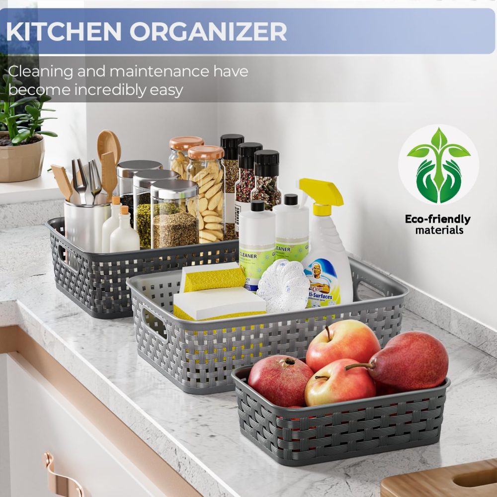 3 Pack Small Plastic Basket, Storage Bin Baskets for Organizing, Pantry Organizer Household Wicker Storage for Laundry Room, Bedrooms, Kitchens, Cabinets, Countertops, Dark Gray - Image 5