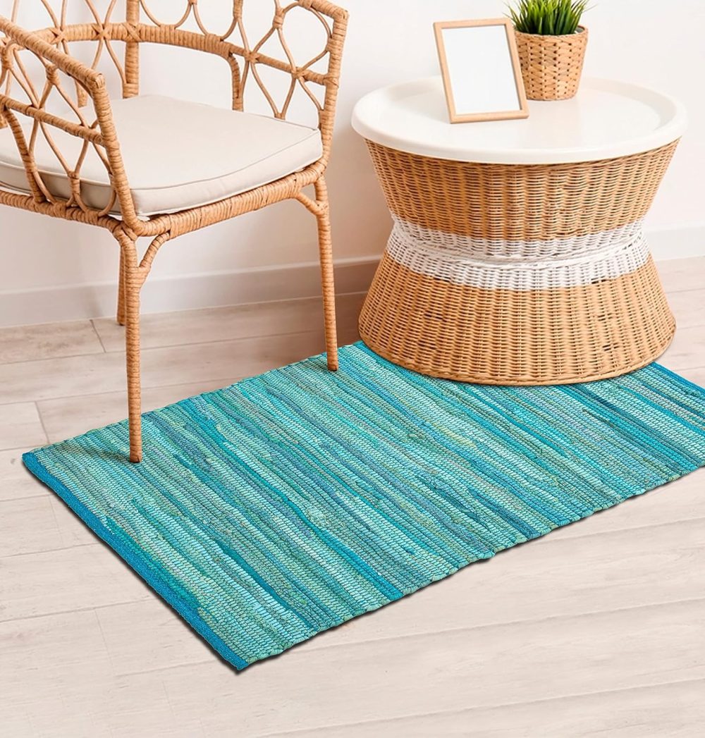 Rug Area Rugs Cotton Teal 2x3 Ft Multicolour Chindi for Livingroom Bedroom Washable RagRug Reversible Farmhouse Kitchen RunnerRug Carpet Area Runner Mat for Hallway, Entryway