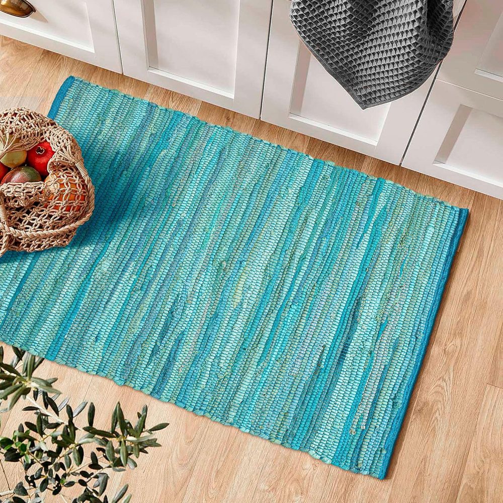 Rug Area Rugs Cotton Teal 2x3 Ft Multicolour Chindi for Livingroom Bedroom Washable RagRug Reversible Farmhouse Kitchen RunnerRug Carpet Area Runner Mat for Hallway, Entryway - Image 4