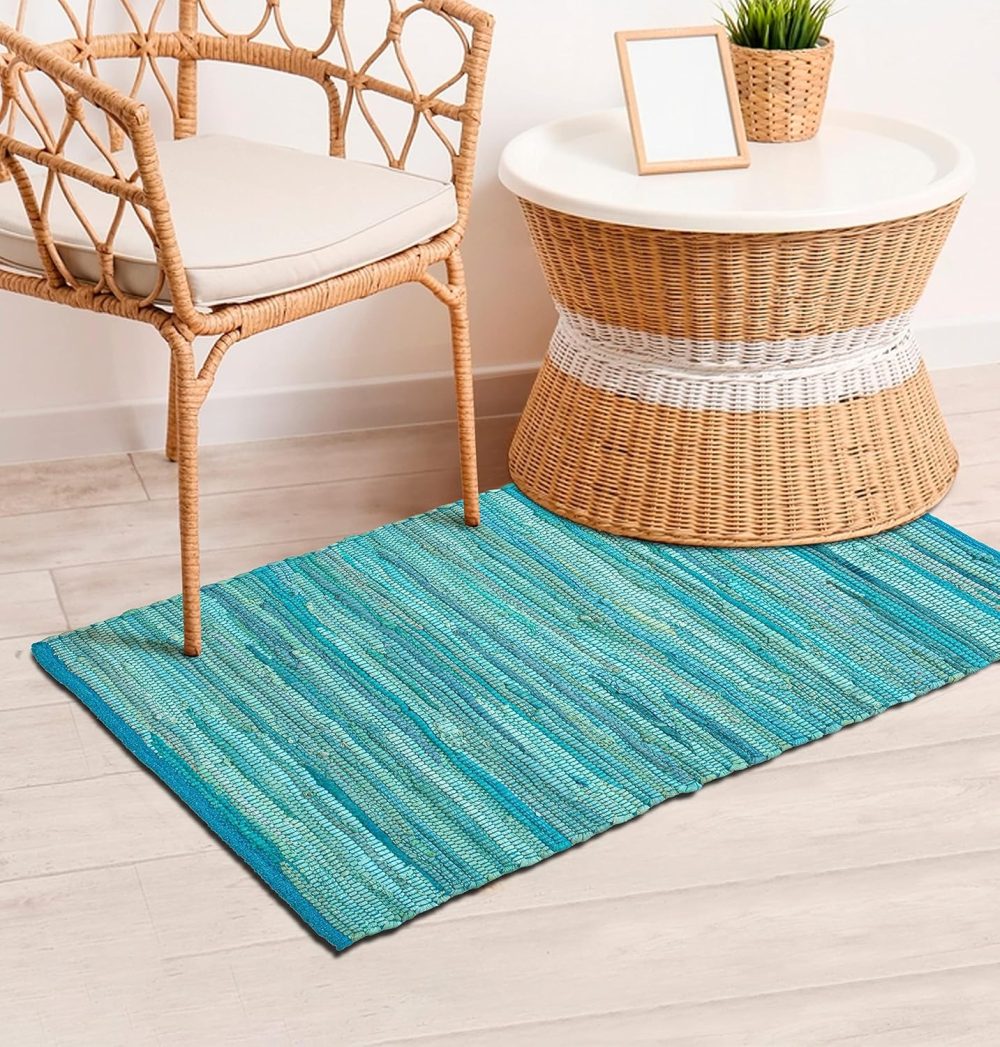 Rug Area Rugs Cotton Teal 2x3 Ft Multicolour Chindi for Livingroom Bedroom Washable RagRug Reversible Farmhouse Kitchen RunnerRug Carpet Area Runner Mat for Hallway, Entryway - Image 9