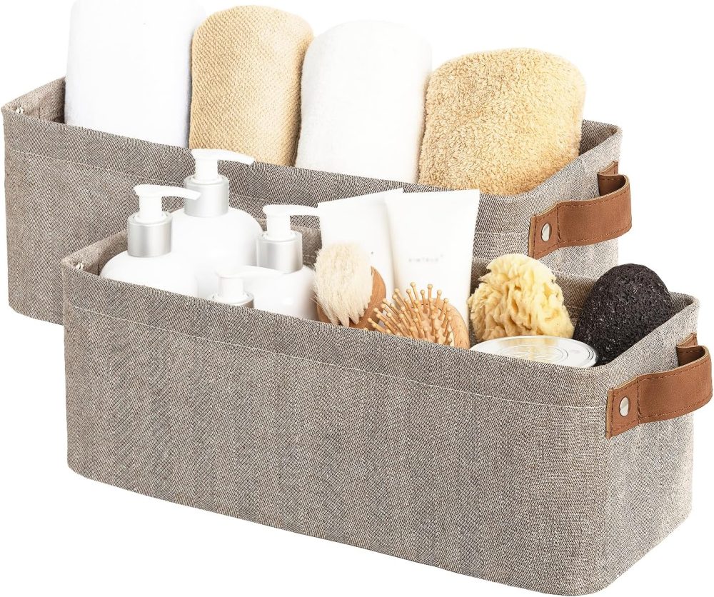StorageWorks Narrow Storage Bins, Small Basket for Closet and Shelves, Fabric Organizer with Handles, Toilet Paper Storage, Brown and Beige, 2-Pack