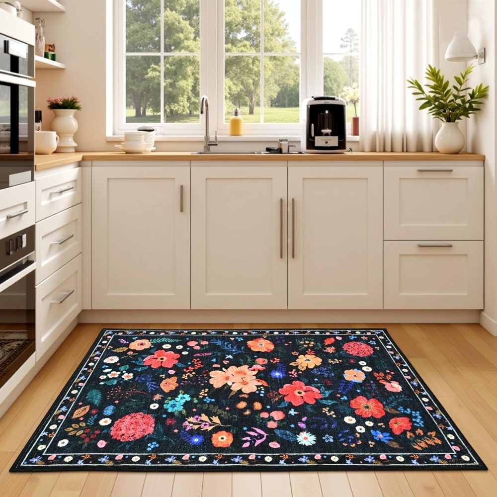 Terrug Floral Entryway Rug, 2x3 Black Rug Boho Washable Kitchen Throw Rugs, Soft Low Pile Cute Small Rugs, Non-Slip Stain Resistant Vintage Carpet for Entryway Bedroom Kitchen Bathroom Laundry - Image 3