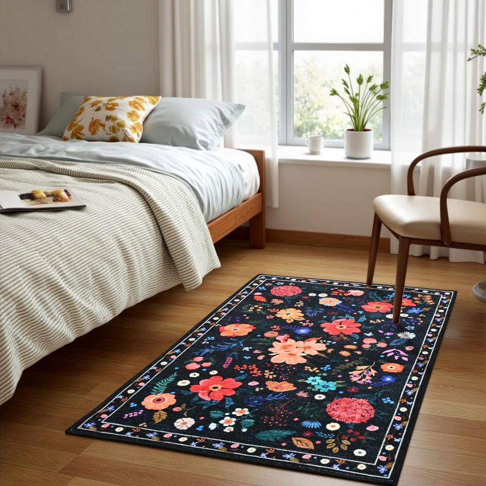 Terrug Floral Entryway Rug, 2x3 Black Rug Boho Washable Kitchen Throw Rugs, Soft Low Pile Cute Small Rugs, Non-Slip Stain Resistant Vintage Carpet for Entryway Bedroom Kitchen Bathroom Laundry - Image 4