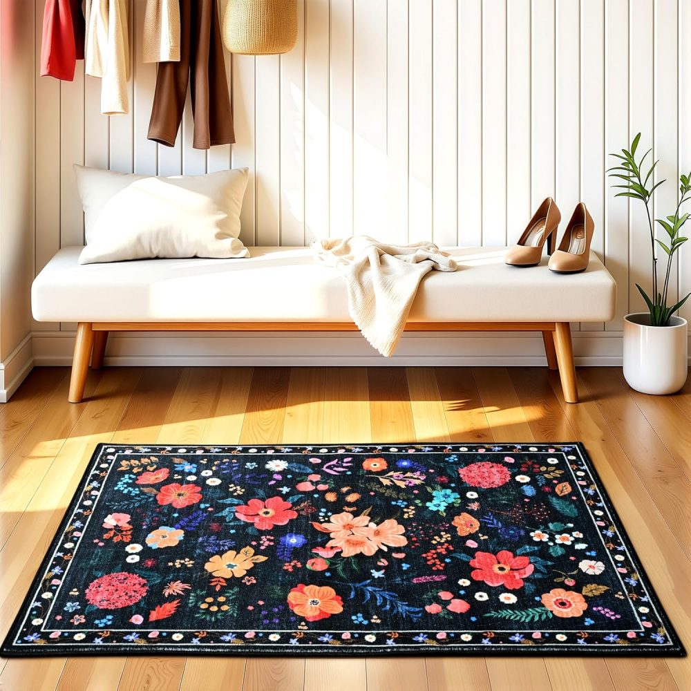 Terrug Floral Entryway Rug, 2x3 Black Rug Boho Washable Kitchen Throw Rugs, Soft Low Pile Cute Small Rugs, Non-Slip Stain Resistant Vintage Carpet for Entryway Bedroom Kitchen Bathroom Laundry - Image 5