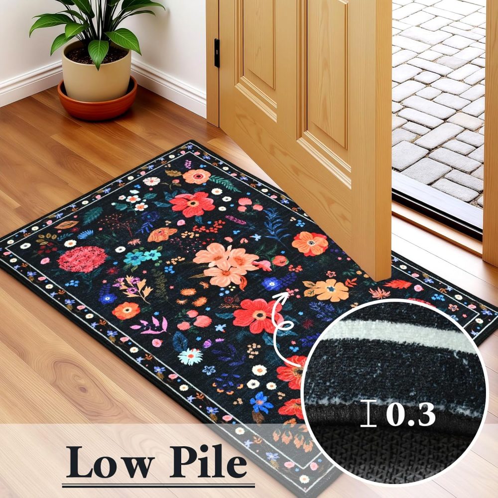 Terrug Floral Entryway Rug, 2x3 Black Rug Boho Washable Kitchen Throw Rugs, Soft Low Pile Cute Small Rugs, Non-Slip Stain Resistant Vintage Carpet for Entryway Bedroom Kitchen Bathroom Laundry - Image 6