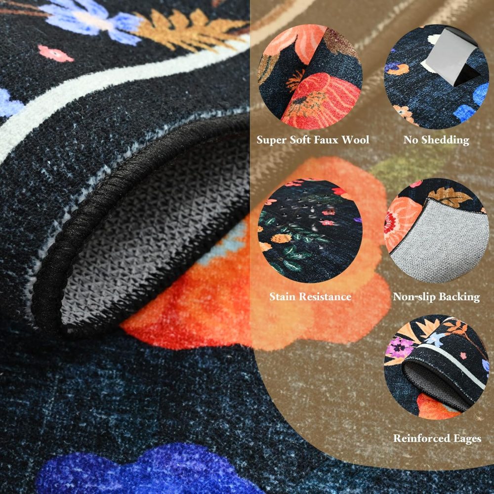 Terrug Floral Entryway Rug, 2x3 Black Rug Boho Washable Kitchen Throw Rugs, Soft Low Pile Cute Small Rugs, Non-Slip Stain Resistant Vintage Carpet for Entryway Bedroom Kitchen Bathroom Laundry - Image 7
