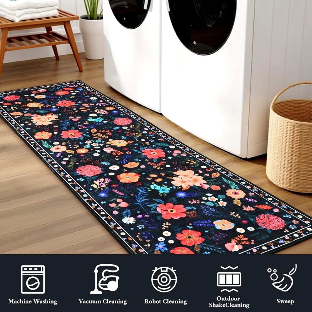 Terrug Floral Entryway Rug, 2x3 Black Rug Boho Washable Kitchen Throw Rugs, Soft Low Pile Cute Small Rugs, Non-Slip Stain Resistant Vintage Carpet for Entryway Bedroom Kitchen Bathroom Laundry - Image 8